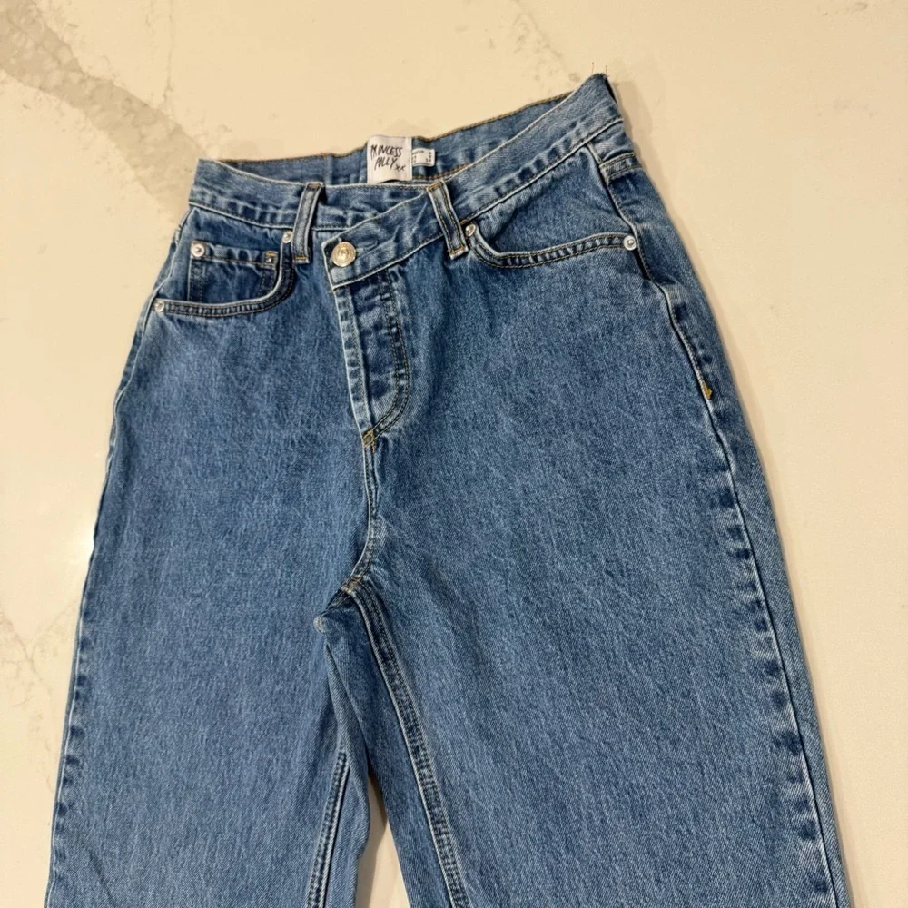 Princess Polly Holly Asymmetrical Straight Leg Denim Jean Womens 2 Mid Wash Blue
